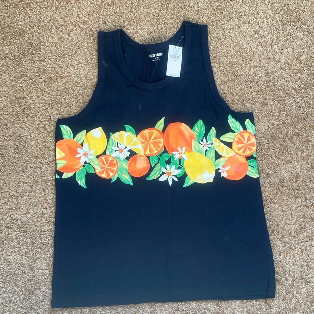 NWT Old Navy navy blue tank with oranges & lemons M/8